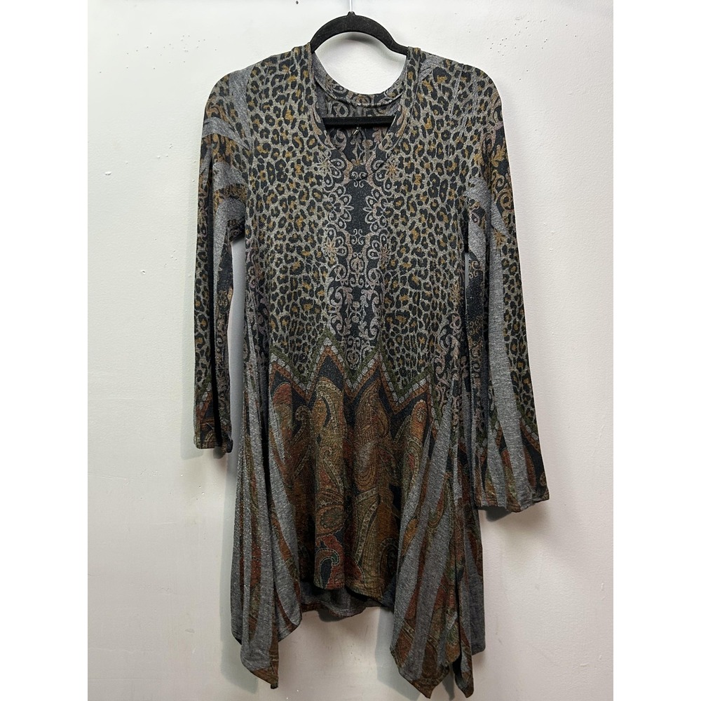 Emma Rose Tunic Women L Gray Leopard Paisley Long Sleeve Sharkbite Hem 20093